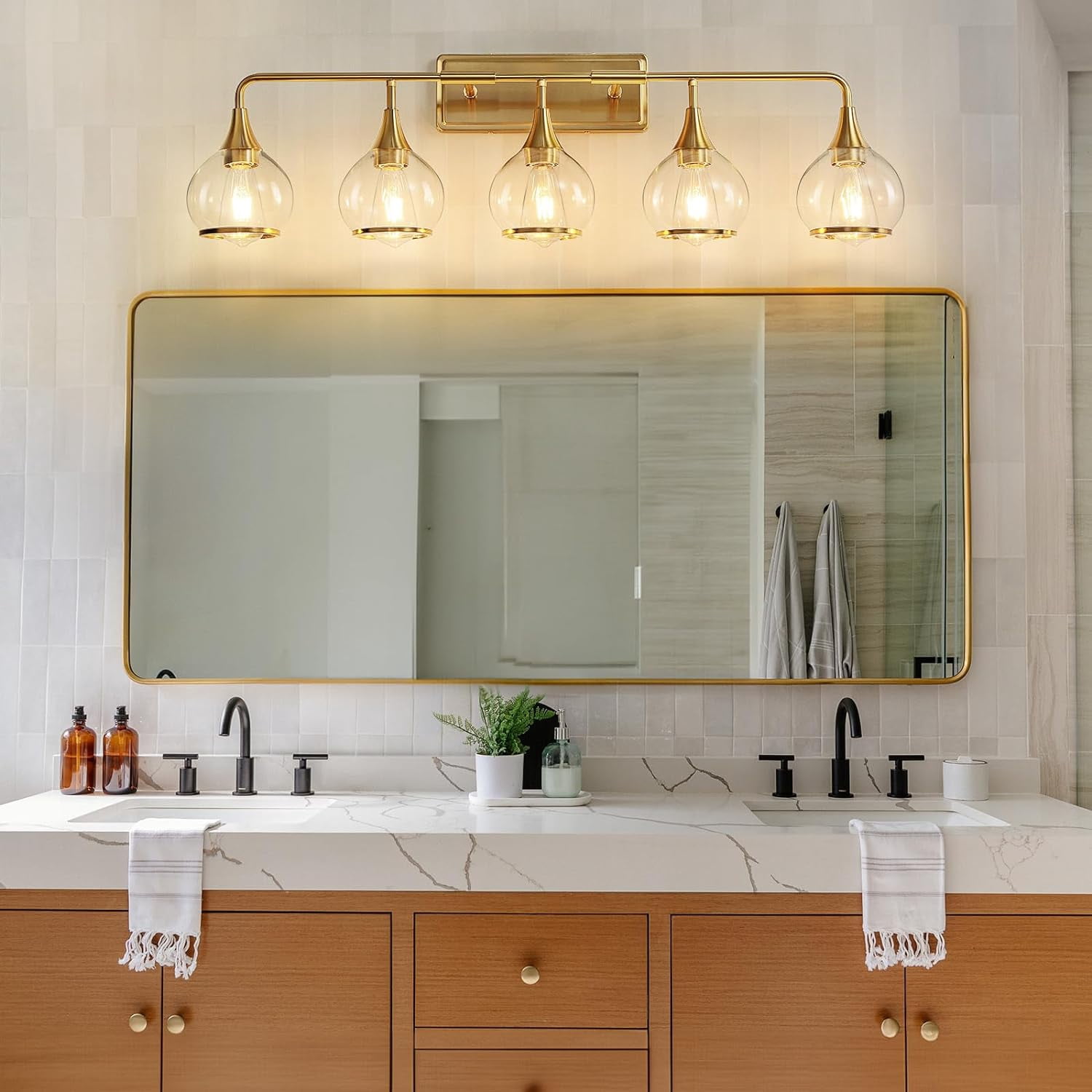5-Lights Bathroom Light Fixtures Gold Bathroom Vanity Light Over Mirror with Clear Glass Shade Wall Sconce Lighting