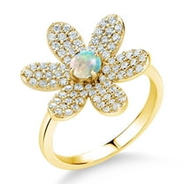 Gem Stone King 1.23 Ct Round Cabochon White Simulated Opal Keren Hanan ART 18K Yellow Gold Plated Silver Ring
