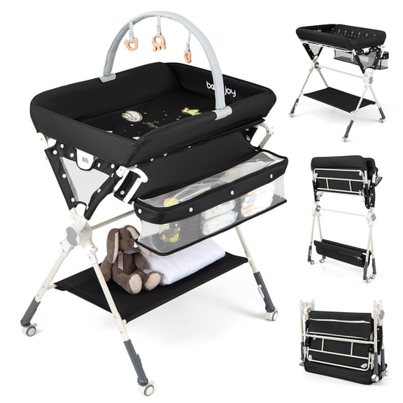 Babyjoy Baby Changing Table with Storage Bag Shelf Toys Lockable Wheels Adjustable Heights Black
