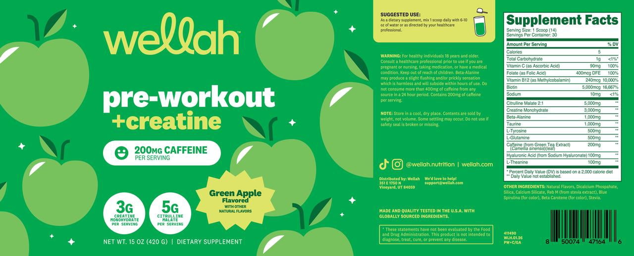 Wellah Pre-Workout + Creatine Powder (30 Servings) Green Apple - 200mg Caffeine, 3g Creatine Monohydrate, 5g Citrulline Malate, Pre-Workout with Creatine Supplement