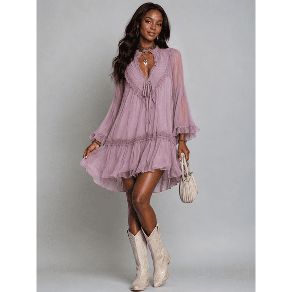Women's Lavender Lace Trim and Ruffle Midi Length with Flared Line Midi Dress with V-Neck for Wedding Guest, Prom and Evening Party