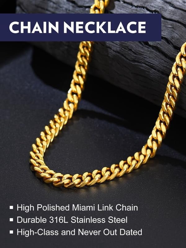 Bandmax 7MM Men's Chunky Cuban Chain Necklace for Men Women Stainless Steel 14K Gold Plated Hip Hop Miami Chain Birthday Valentines Father Day Gift for Dad Son Husband