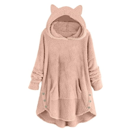 

Bospose Long Sleeve Crop Top Corset Top Pink Top Woman S Casual Solid Color Plush Button d Hood Plush Coat Top Lady Solid Color Cat Ears Plush Plush Jacket Top L