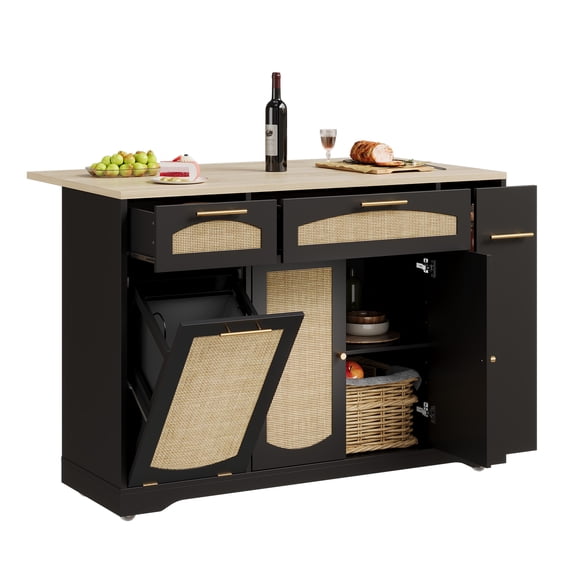 Roromall Rattan Kitchen Island Table on Wheels with Drop Leaf, Tilt Out Trash Can Cabinet with 2 Door, Storage Cabinet, 2 Drawer, Spice Rack, Rolling Kitchen Cart