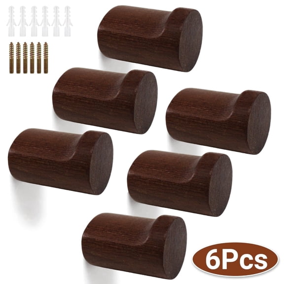 Walnut Wooden Coat Hooks - Natural Wood Wall Hooks Hooks for Entryway,Heavy Duty Rustic Hangers for Towels and Coats,6 Pcs