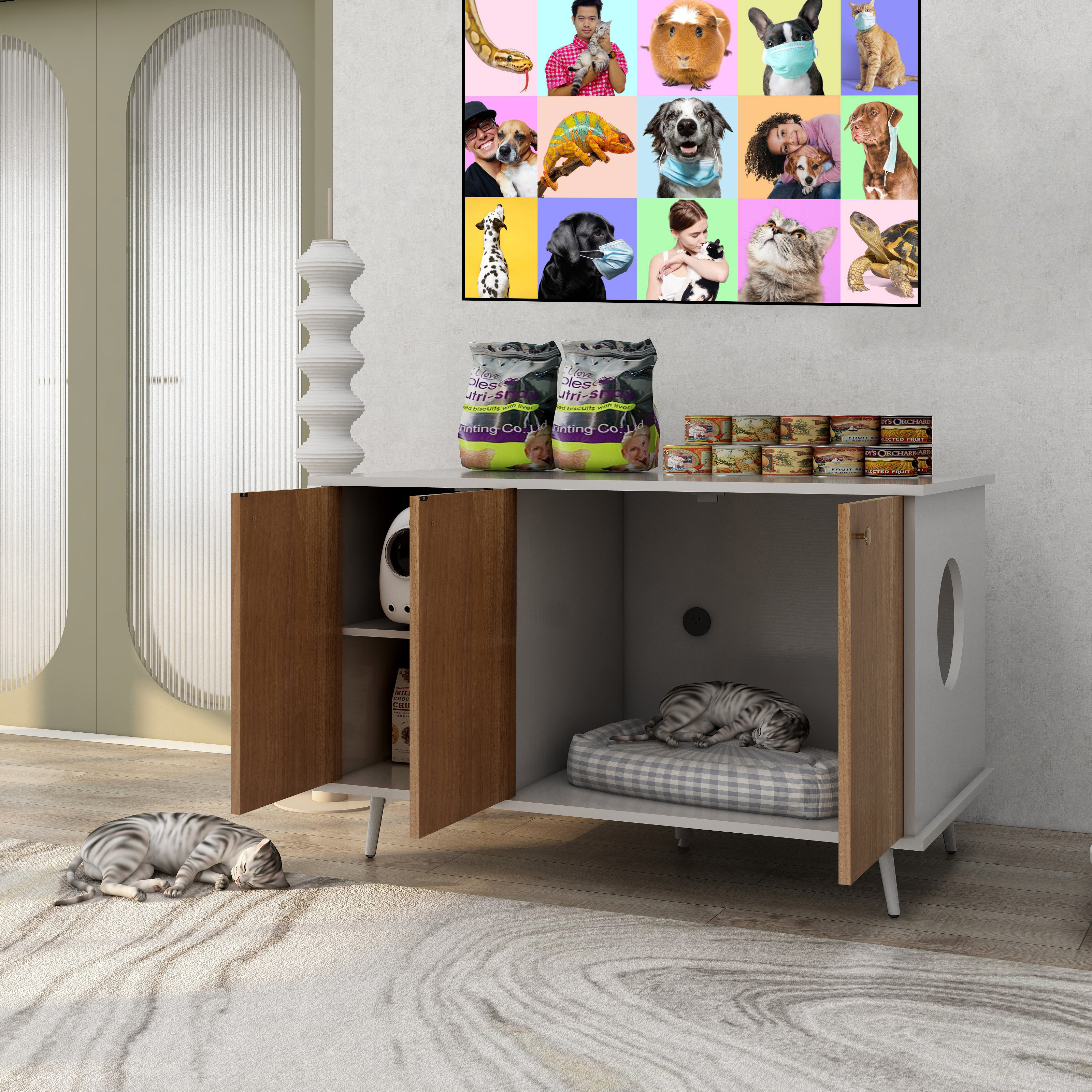 Glavbiku Enclosed Cat Litter Box,Wooden Cat Litter Box Furniture with Hidden Plug,3 Doors,Walnut