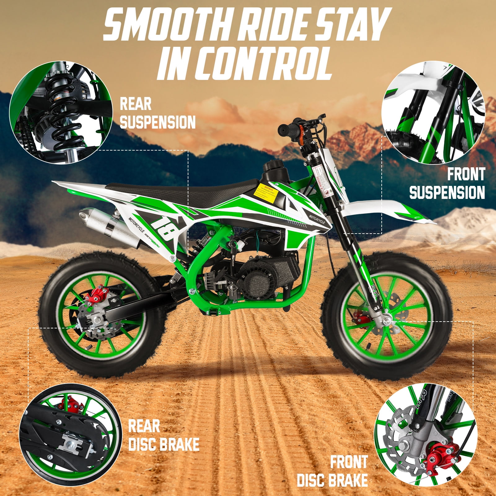 Kids Dirt Bike - 49cc 2-Stroke Gas Power with Front & Rear Disc Brakes, Off-Road Mini Motorcycle & Pocket Motorbike (Green)
