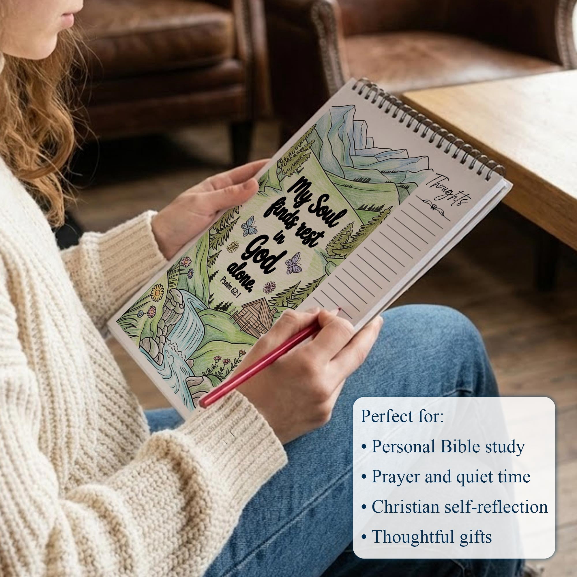 Psalms Coloring Book for Adults, 30 Minimalist Scripture Art Pages with Reflection & Prayer Space, Spiral Bound, A4 or A5 Softcover or Wood Cover