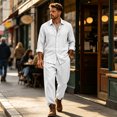 thumbnail image 2 of Delconic Mens Two Piece Outfit Long Sleeve Button Front Shirt and Drawstring Straight Leg Pants Casual Vacation Set White 3XL, 2 of 9