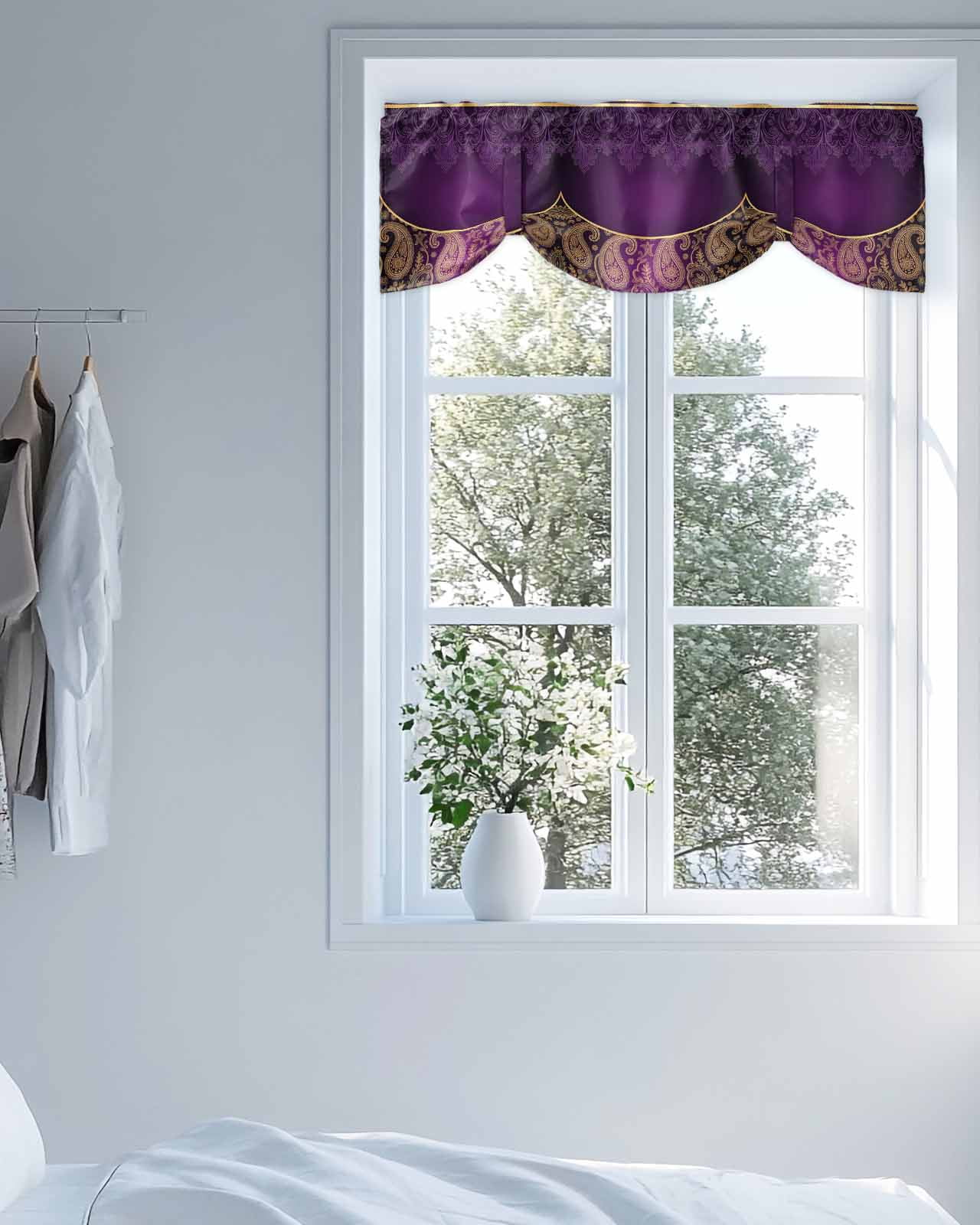 Purple Bohemian Floral Tie Up Valances Curtain, Flower Pattern Vintage Luxurious Kitchen Valances for Windows Decor, Rod Pocket Short Curtains Set for Bedroom/Bathroom, 60"x18"