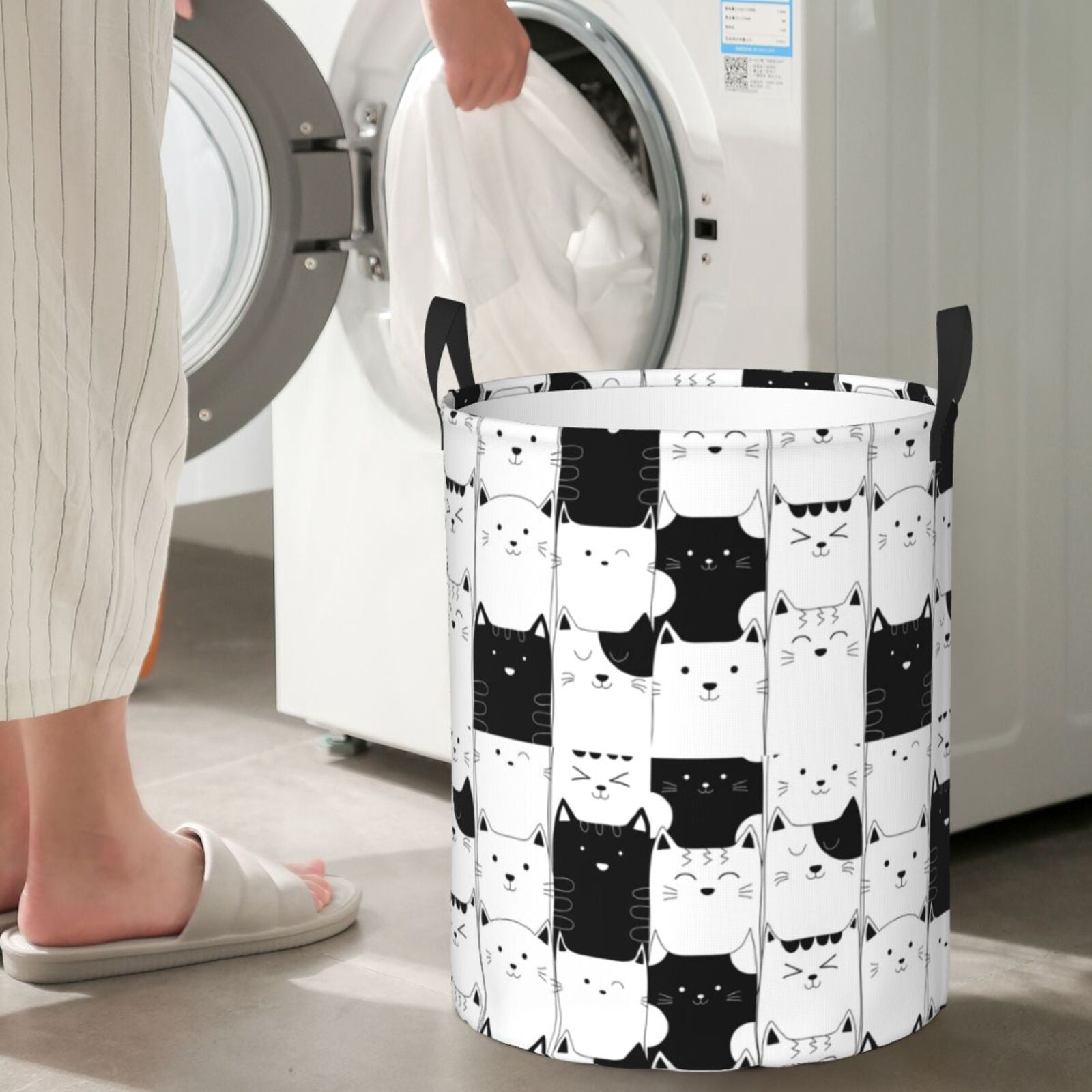 Large Laundry Basket with Handles - Doodle Cute Cat Kids Baby Dirty Clothes Laundry Hamper for Bedroom Aesthetic