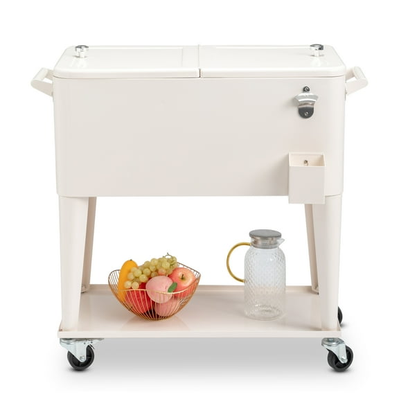 80QT Milk White Rolling Cooler Cart: Insulated Outdoor Freezer Box with Iron Legs, Bottle Opener & Drainage - Perfect for Patios & Parties