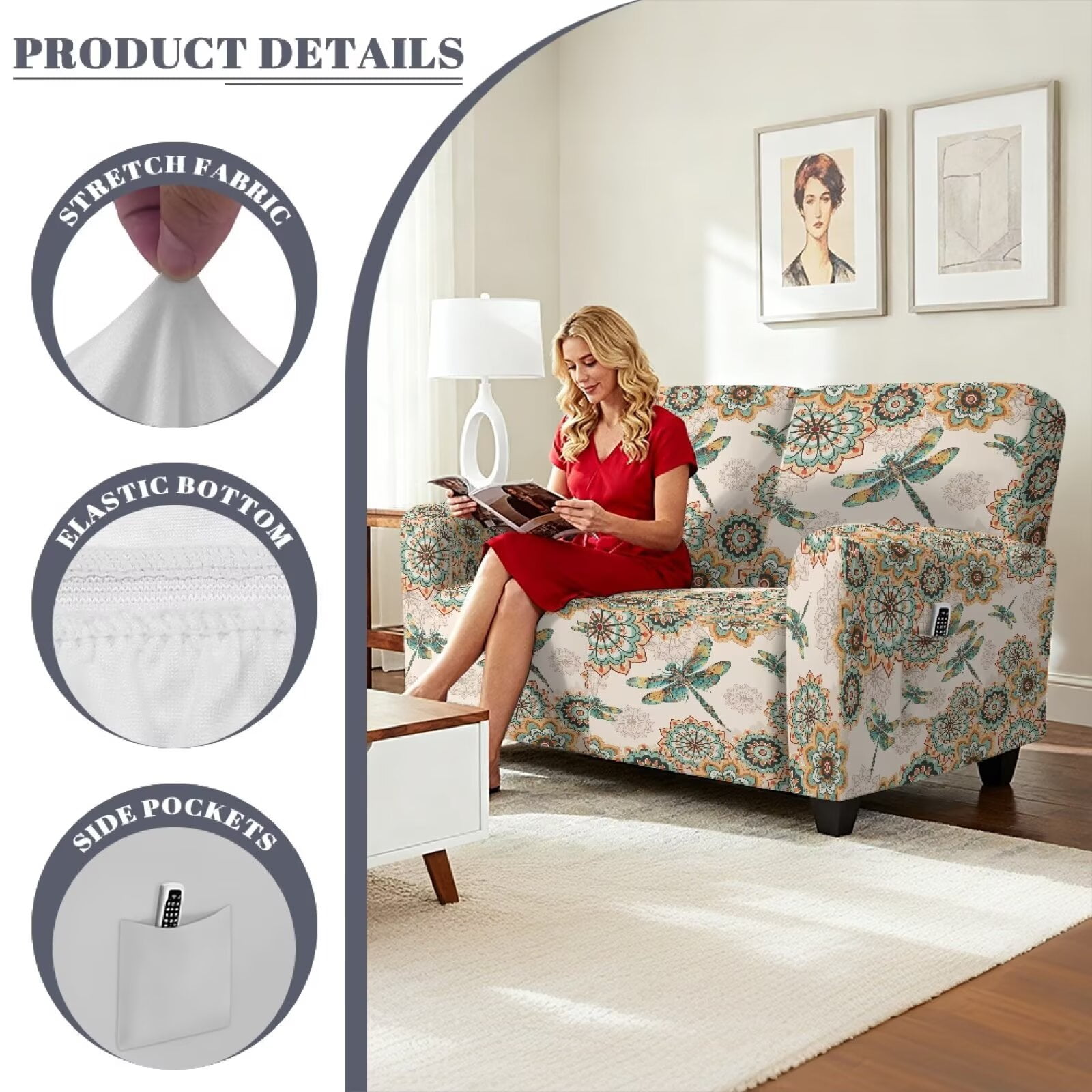 Yuyamidu Boho Mandala Loveseat Recliner Covers 2 Seater Dragonfly Recliner Loveseat Slipcover with Elastic Edge Easy to Install Furniture Protector