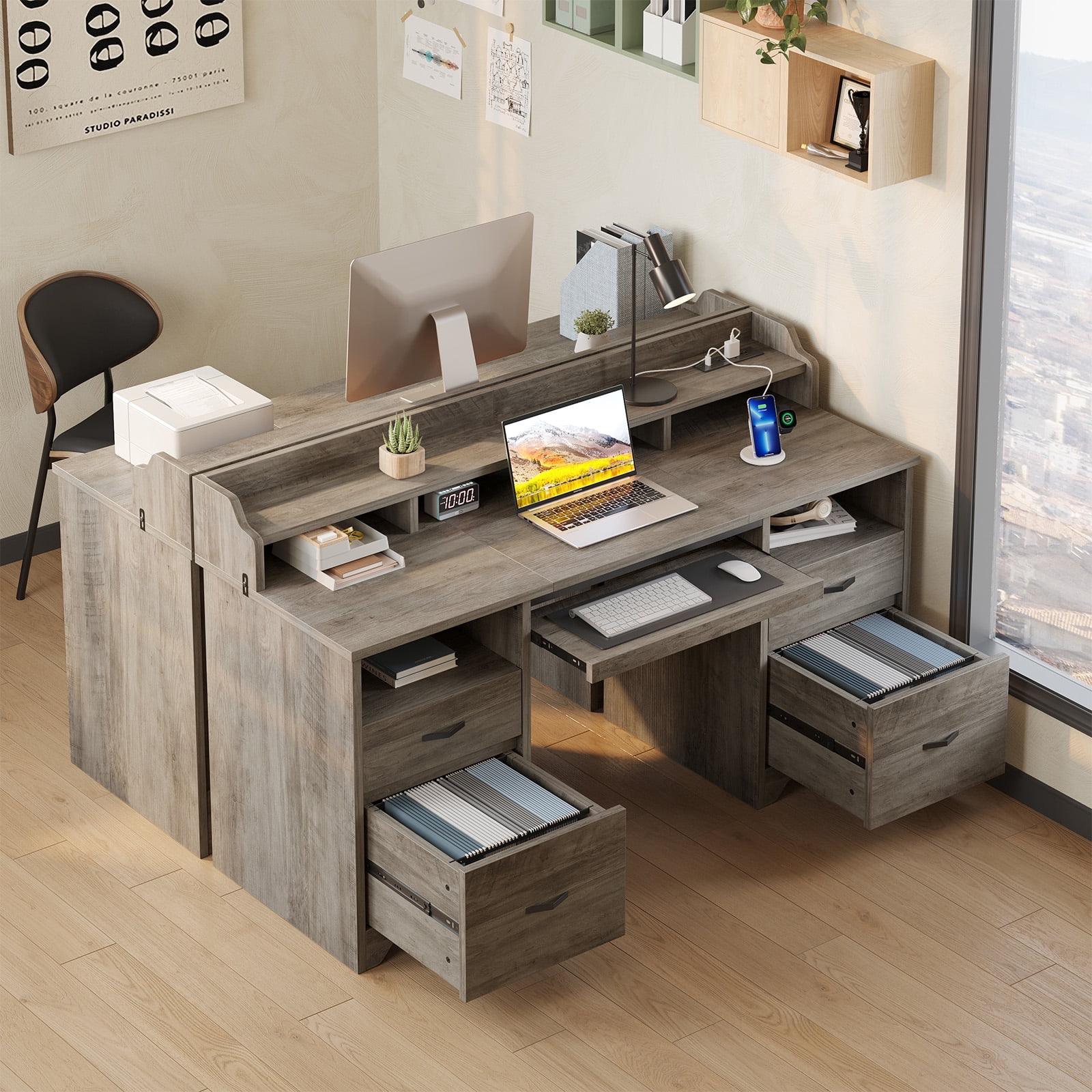 Bestier Farmhouse Executive Desk with Drawers, 59" Wood Computer Desk with Charging Station, Home Office Desk with Keyboard Tray & Monitor Stand，File Cabinet Sturdy Desk for Work Study, Gray
