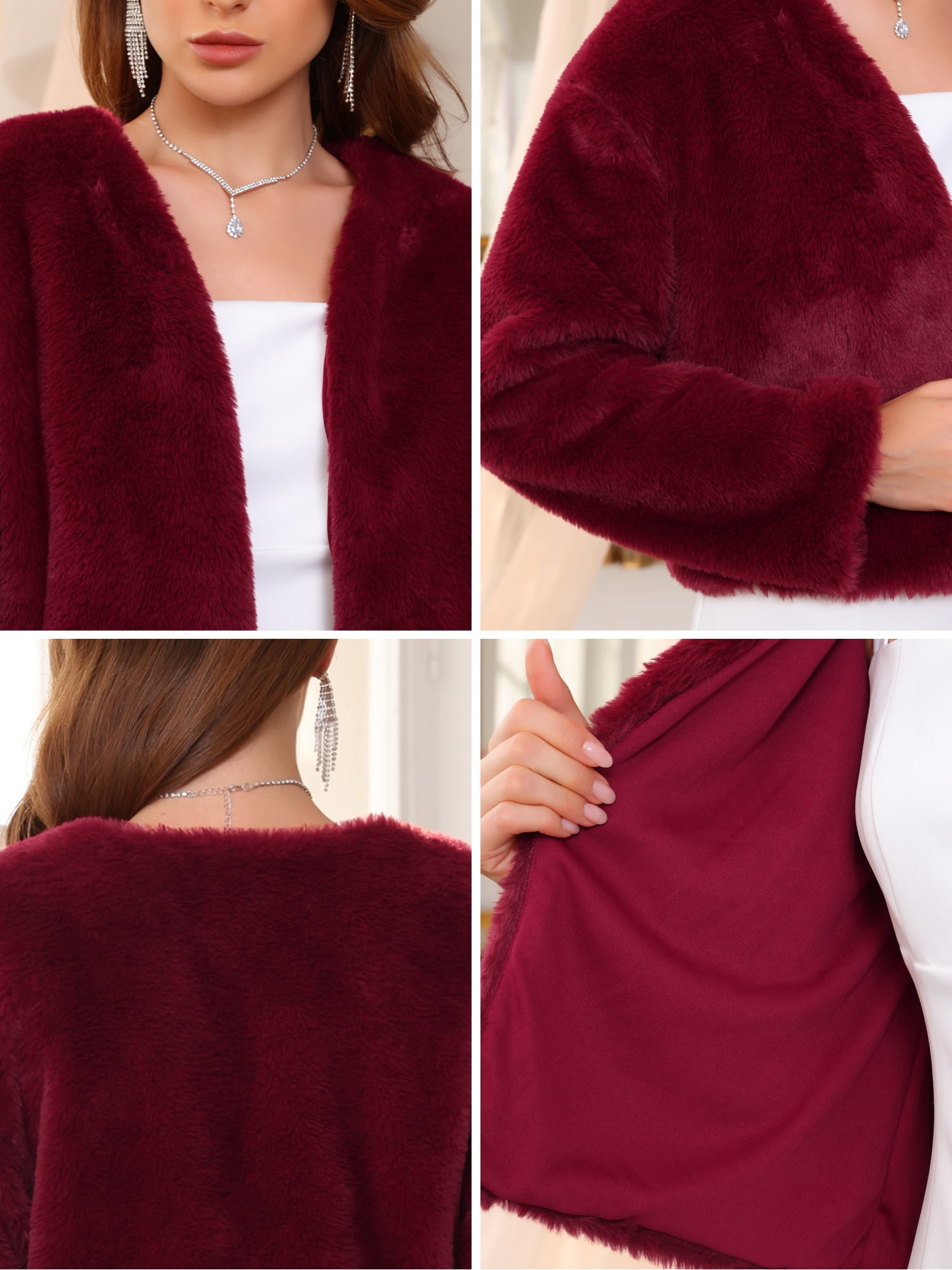 DARING DIVA Women's Elegant Faux Fur Shrug Formal Jacket S Burgundy