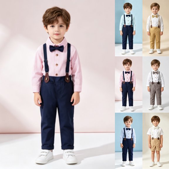 Toddler Boys Striped Suspender Gentleman Suit Birthday Wedding Outfit Soft Stripe Long Sleeve Shirts Solid Bow Tie Cotton Suspender Long Pants
