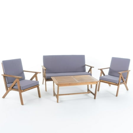 Reclaimed Teak Garden Furniture Manarola Outdoor 4-Piece Acacia Wood Chat Set w/ Water Resistant Cushions, Teak Finish/ Grey ()