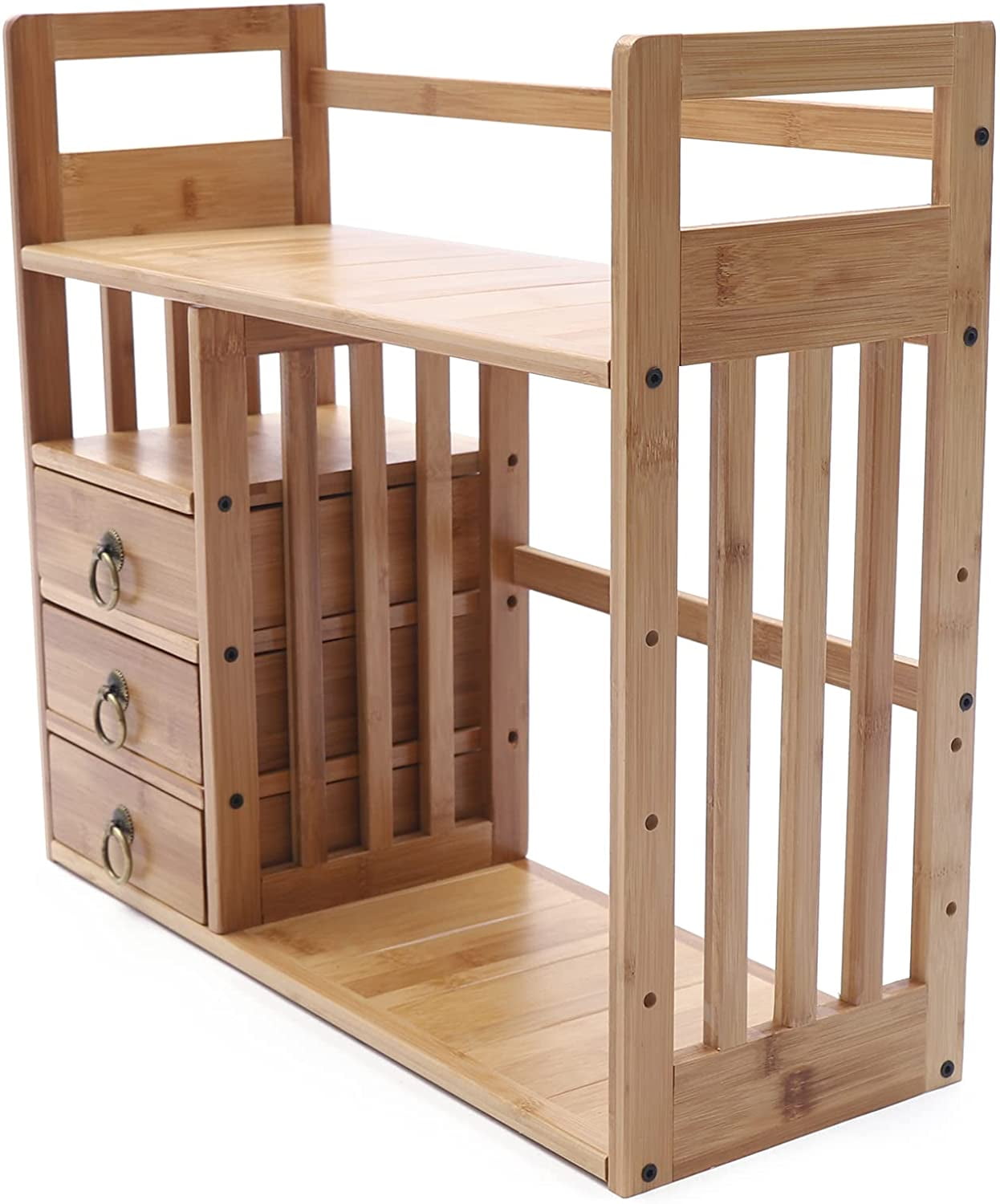Miumaeov Bamboo Desktop Bookshelf Desk Organizer Shelf Storage Rack Counter Top Bookcase, Office Desk Storage display Shelf Rack with 3 Drawers for Office Supplies, Kitchen,Bathroom, Makeup