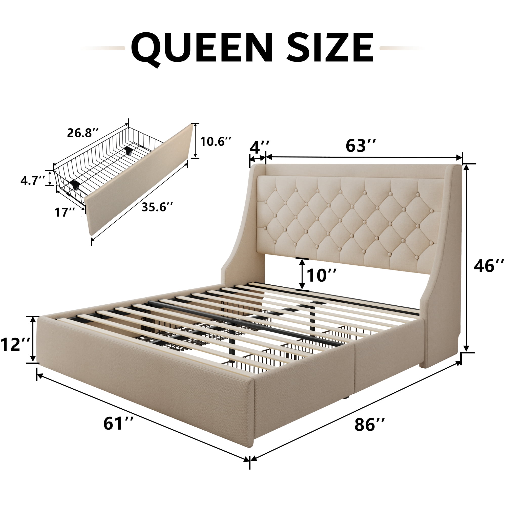 Virans Queen Bed Frame with 4 Storage Drawers & Charging Station, Upholstered Platform Bed Frame with Wingback Storage Headboard,No Box Spring,Beige