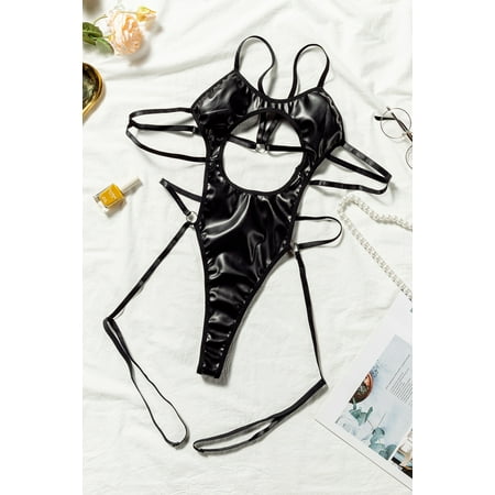 

GCKG Women s Black Faux Leather Cut-out Strappy Garter Teddy Lingerie (US 4-6)S
