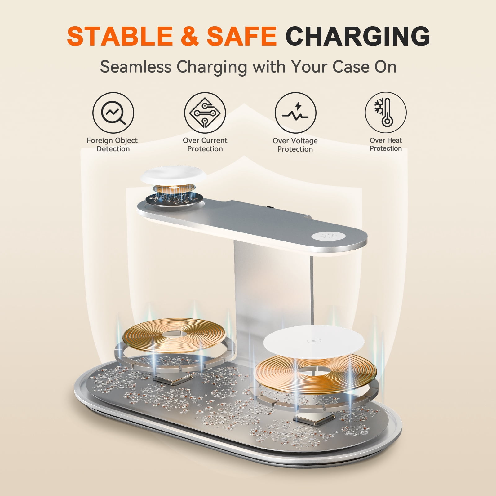 4 in 1 Wireless Charger,Charging Station with Soft Night Light,15W Max Fast Charging Holder for iPhone 17 16 15 14 13 12,for iWatch Series,for AirPods,ideal for home and travel,Silver Charging Dock