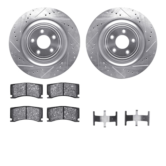 Dynamic Friction Company Rear Brake Rotors-Drilled and Slotted-Silver with 5000 Advanced Brake Pads includes Hardware 7512-20115