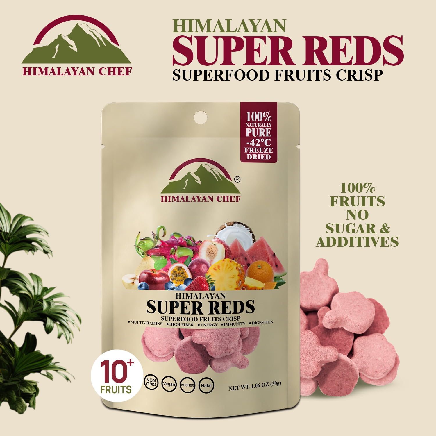 Himalayan Chef Super Reds Freeze-Dried Fruit Crisps, 30g/each 10 Pack | 10+ Superfood Fruits | Healthy Snacks Packed with Multivitamins, High Fiber & Antioxidants for Energy Boost