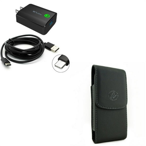 Black Leather Side Case w 18W Adaptive Fast Home USB Charger 6ft Type-C Turbo Cable J3N Compatible With Google Pixel 3a XL