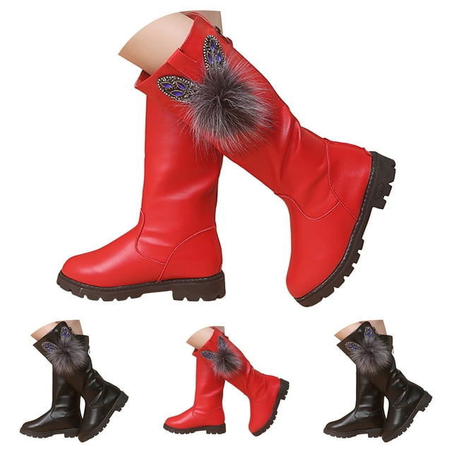 Dakaela Girls Knee High Boots Leather Zipper Bowknot Winter Shoes Low Chunky Heel Combat Riding Boot 3-12Y