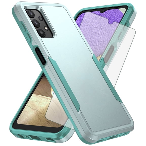 Compatible with Samsung Galaxy A32 5G 2021 6.5 inch Phone Case Tempered Glass Screen Protector Hybrid Rugged Shockproof Hard Protective Drop Proof Full Body Heavy Duty Mobile Cell Cover for Men Green