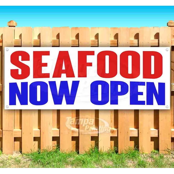 Seafood Now Open 13 oz Vinyl Banner With Metal Grommets