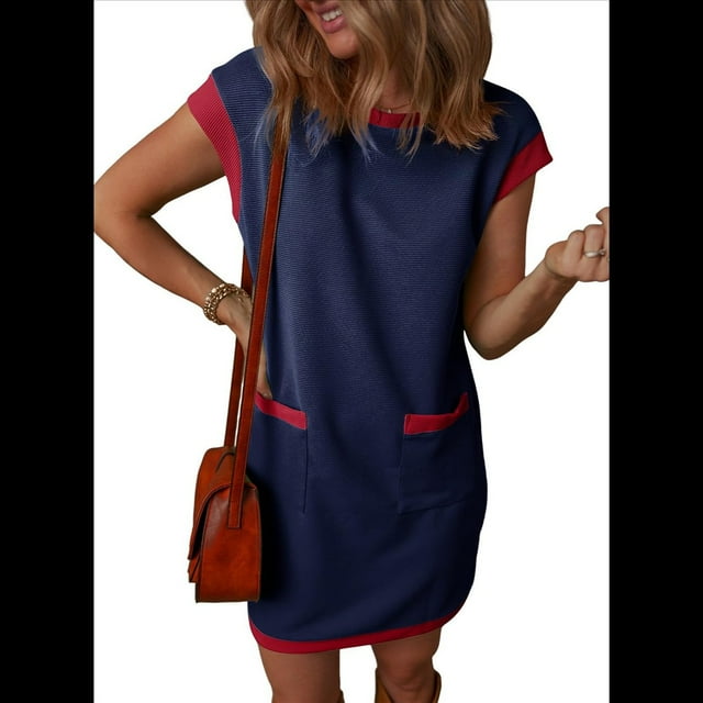 Vestido Mini con Mangas y Bloques de Color, Azul XL