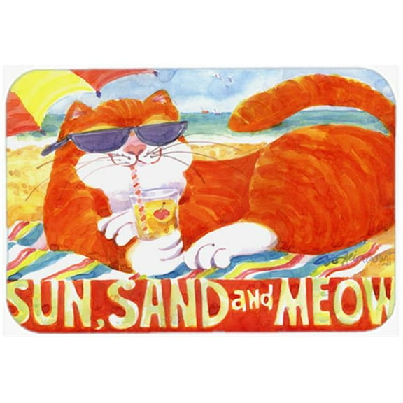 15 x 12 in. Orange Tabby at the beach Glass Cutting Board, Large