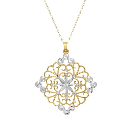 Simply Gold Filigree Square Medallion Pendant Necklace in 10kt White & Yellow Gold