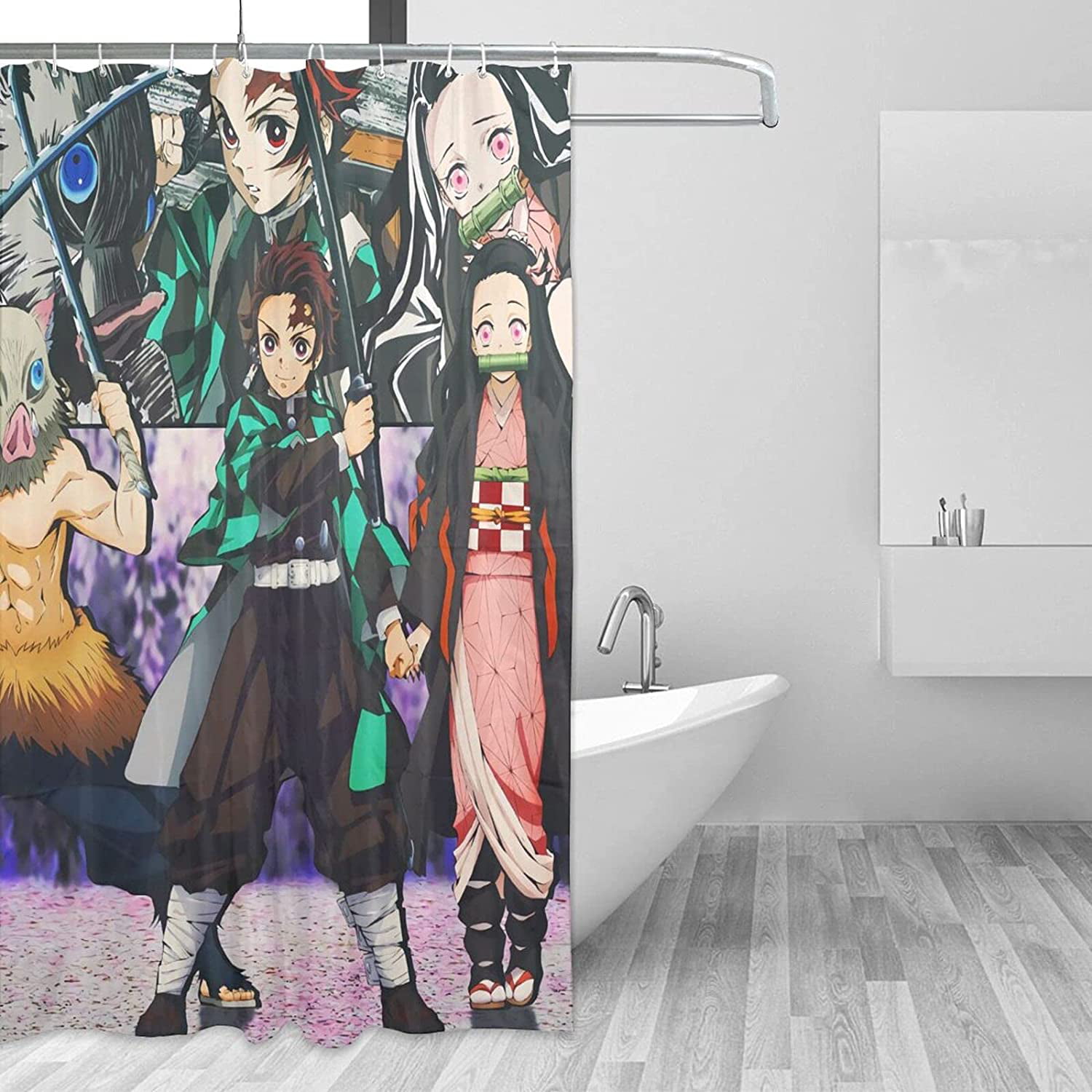 Demon Slayer Anime Art Waterproof Shower Curtain Bath Wall Hangings Decor Hooks 