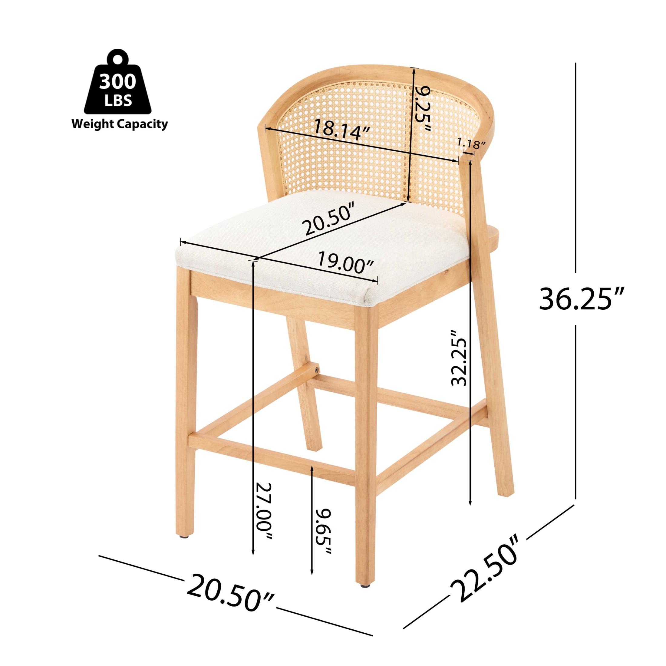 Christopher Knight Home Counter Height Bar Stools, Wood Frame and Rattan Backrest, Natural+Beige, Set of 4
