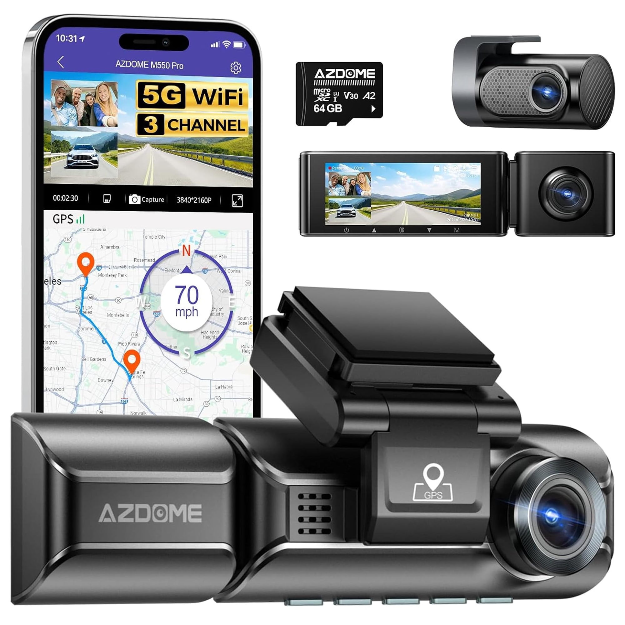 AZDOME M550 Pro 5G WiFi 3 Channel Dash Cam Built-in GPS, 4K Dual Dash Camera Front and Rear with 64GB Card, 2.5K+1080P Triple Car Camera, 3.19" IPS Screen, IR Night Vision, 24H Parking Mode
