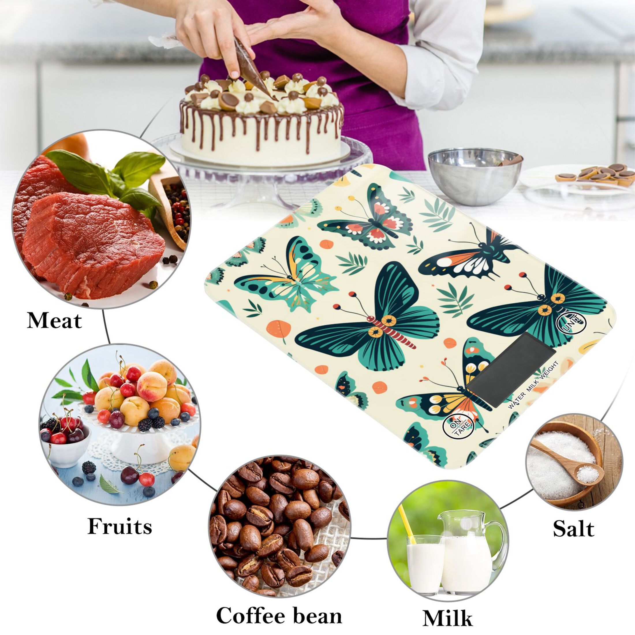 Butterflies Leaves Green Food Scale Digital Kitchen Scale Waterproof Tempered Glass Tare Function 11 lb for Baking Cooking Meal Prep