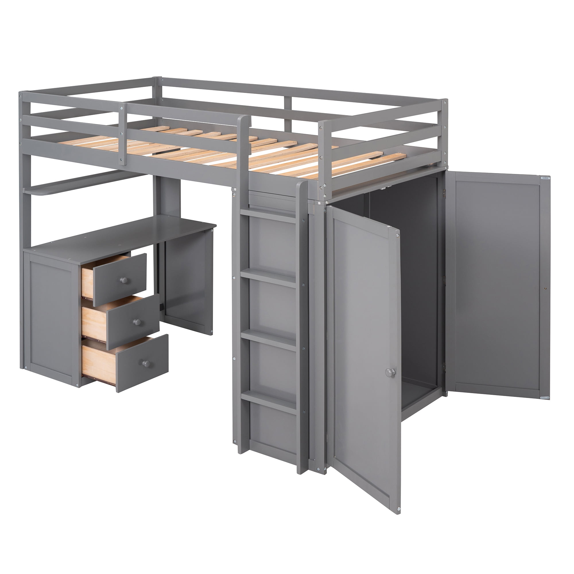 Aukfa Kids Modern Wood Twin Size Loft Bed with Drawers Gray
