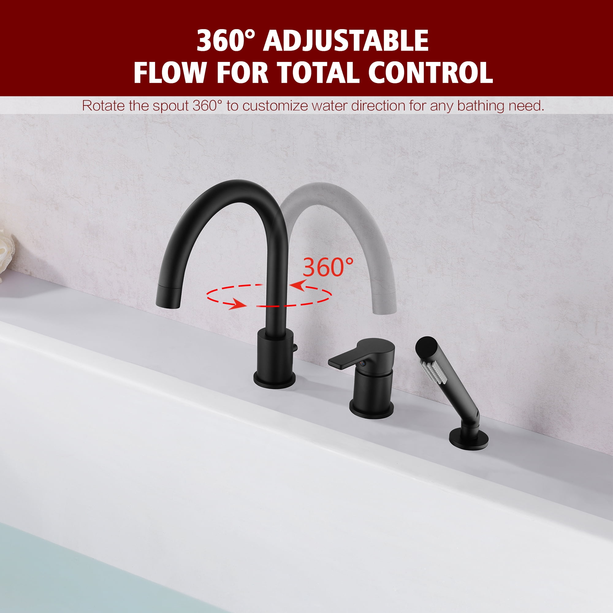 Sumerain 3 Hole Brass Matte Black Roman Tub Faucet with Handheld Shower
