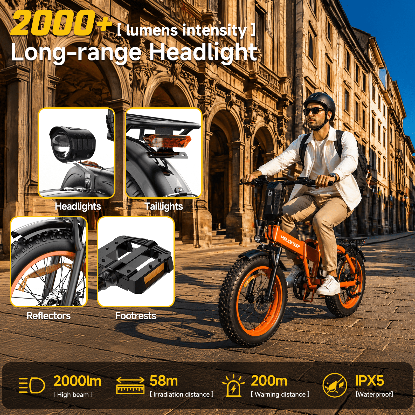 Efunkeep 750W 1500W Folding Electric Mountain Bike 48V 25Ah UL 2849 20x4 Fat Tire 7-Speed Orange