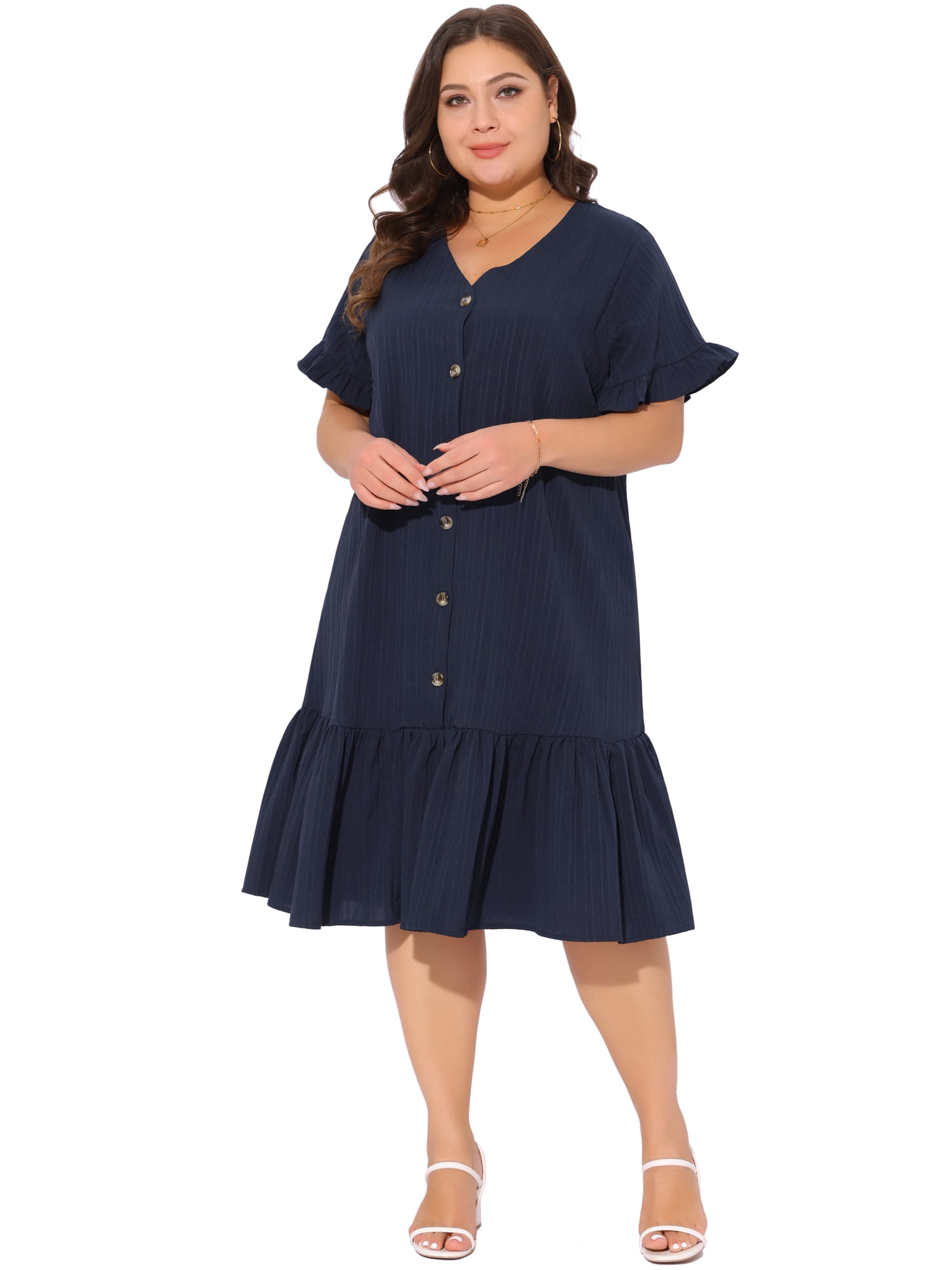DARING DIVA Plus Size V Neck Short Sleeves Ruffle Hem Beach Dress 3X Dark Blue