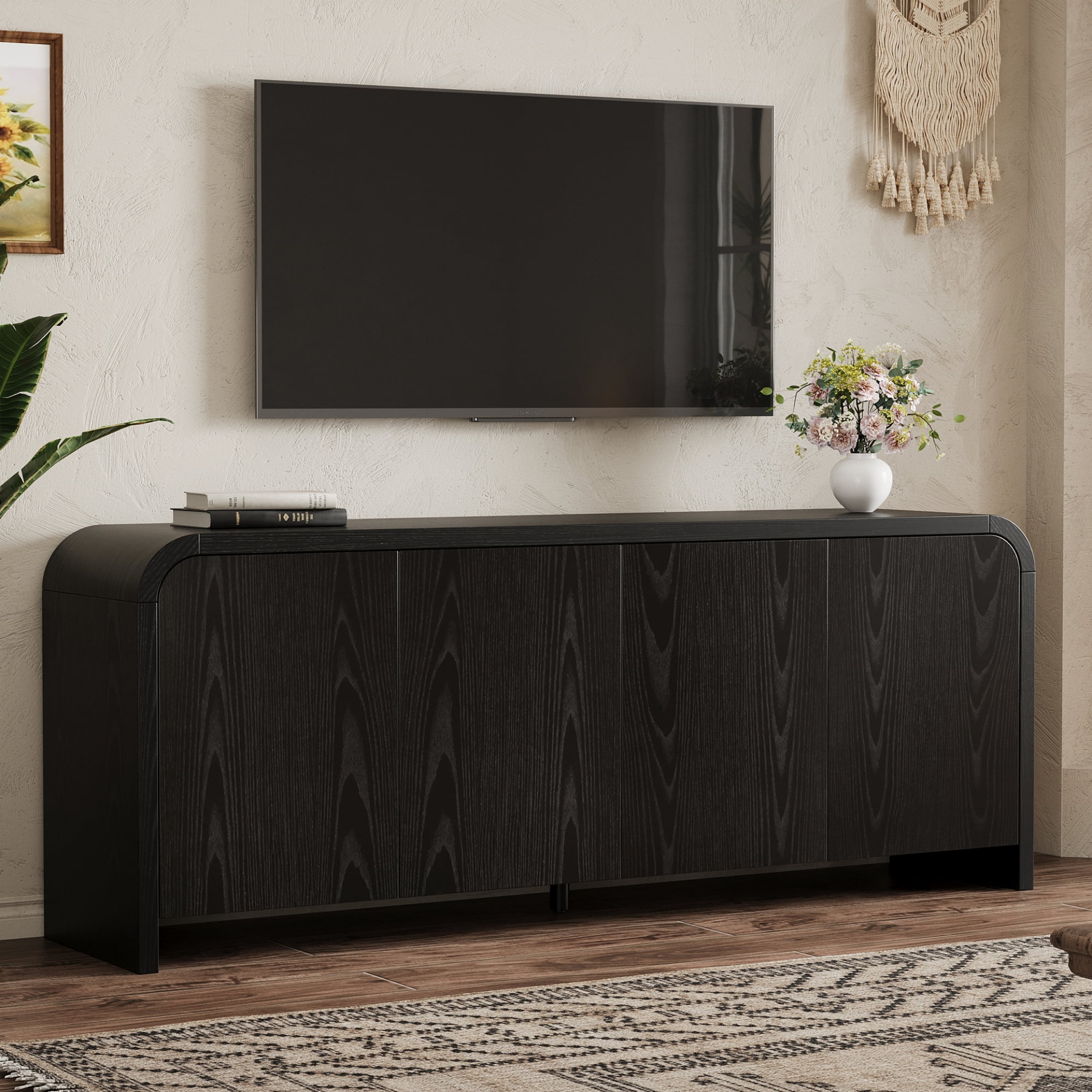 Aukfa Mid Century Modern TV Stand for TVs up to 70",Curved Design & Push-to-Open Doors, Black