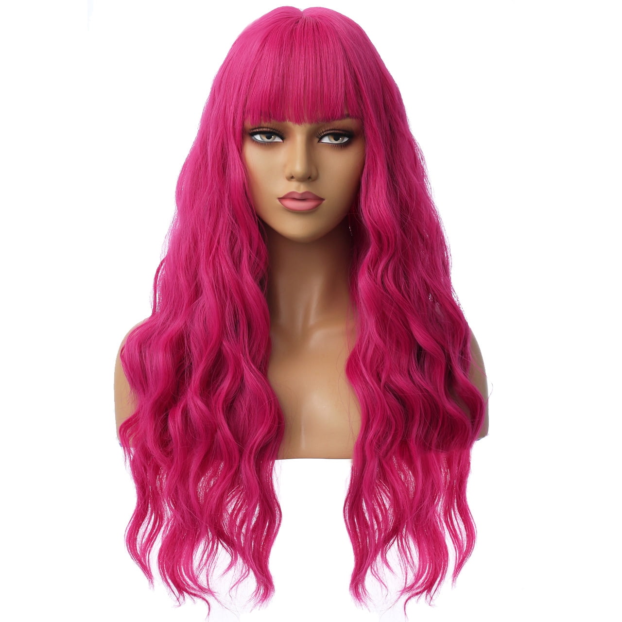 RightOn Hot Pink Wig Long Curly Wig with Bangs Women Rose Red Wigs Cosplay Party Costume Synthetic Wigs with Wig Cap