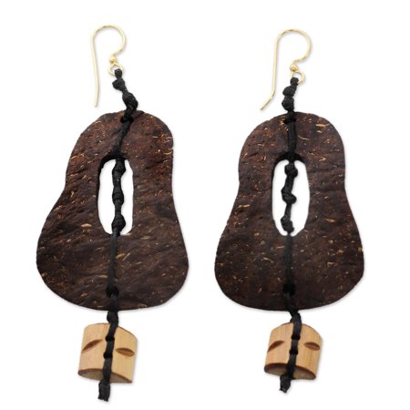 NOVICA Coconut shell and bamboo dangle earrings, 'Medieval Bells'