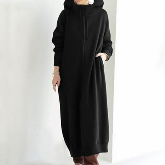 ylioge Plus Size Jackets for Women with Hoodie Pockets S-5XL Casual Zip-Up Fleece Lined Coats Ladies Solid Thermal Warm Ankle Length Jacket