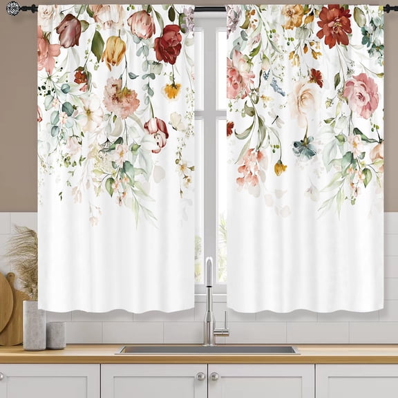 Floral Blossom Rose Kitchen Curtains Rod Pocket Watercolor Pink Flower Green Leaves Plant Spring Small Short Cafe Tier Curtains Eucalyptus Window Drapes Treatment(27.5W X 39L Inch 2 Panels)