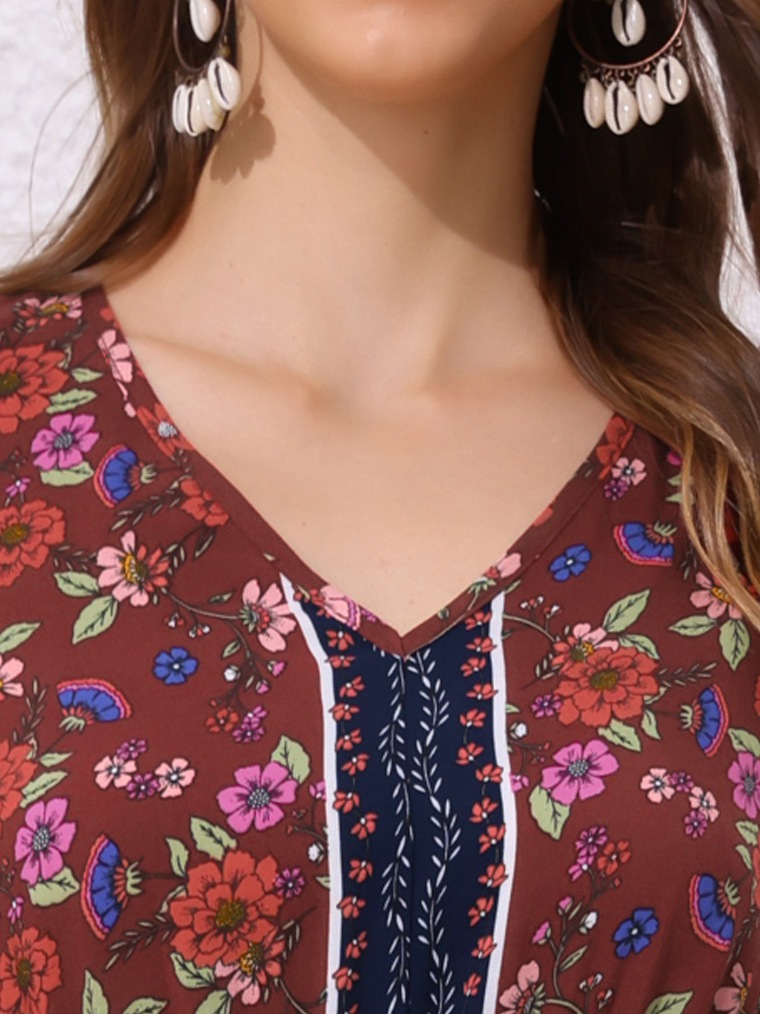 DARING DIVA Floral Elastic Waist Split A-Line Midi Dress L Brown