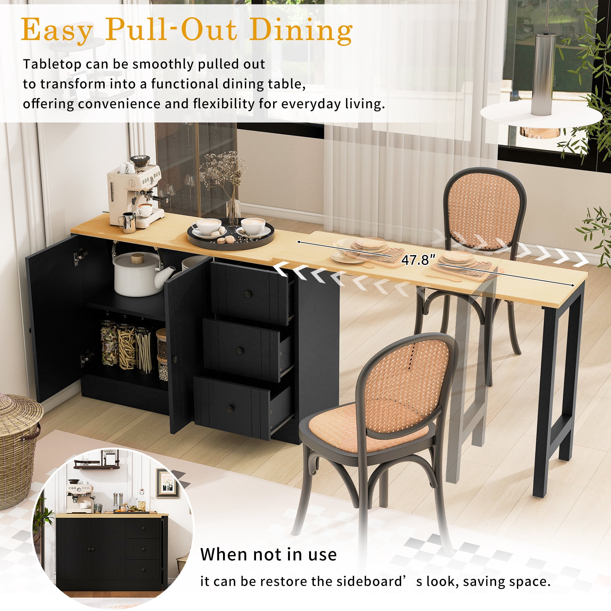 Aukfa Space-Saving Sideboard with 47" Extendable Dining Table,Buffet Cabinet for Kitchen Dining Living Room,Natural