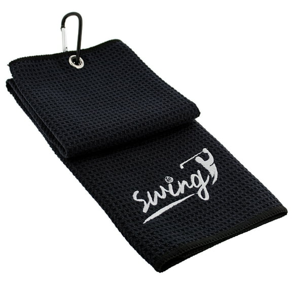 Swing Sports Golf Towel With Clip - Black Waffle Tri-Fold Microfiber Golf Towel
